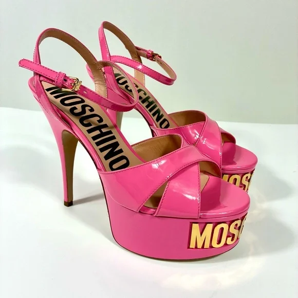 Moschino Logo Leather Platform Stiletto Sandals Heels Pink Gold NEW